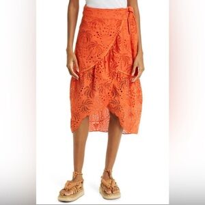 Farm Rio Palm Tree Eyelet Embroidery Wrap Midi Skirt Orange Bright Coral Size S